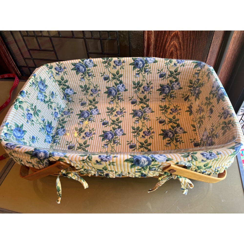 Longaberger 1998 Handwoven Rectangular Basket Blue Floral Liner & Protector